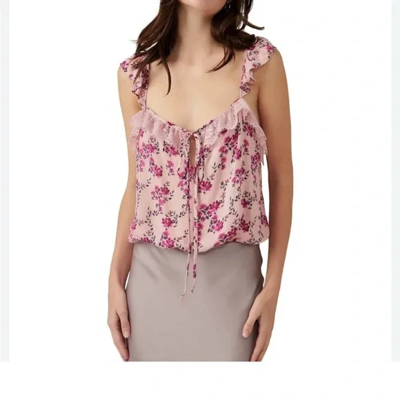 NWT FREE PEOPLE TAKE IT AWAY BODYSUIT Pink Ruffled LACE Tie Front 🥳HP - Picture 4 of 11